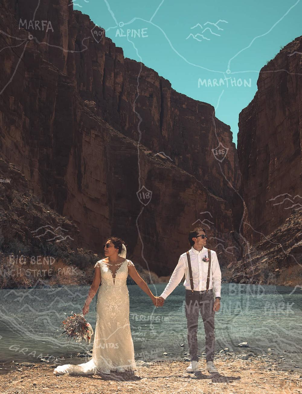 Couples portrait right after saying &lsquo;I Do&rsquo; looking away from each other but holding hands for an epic moody portrait with the Santa Elena Canyon in the background. The portrait has a hand drawn map of the West Texas area
