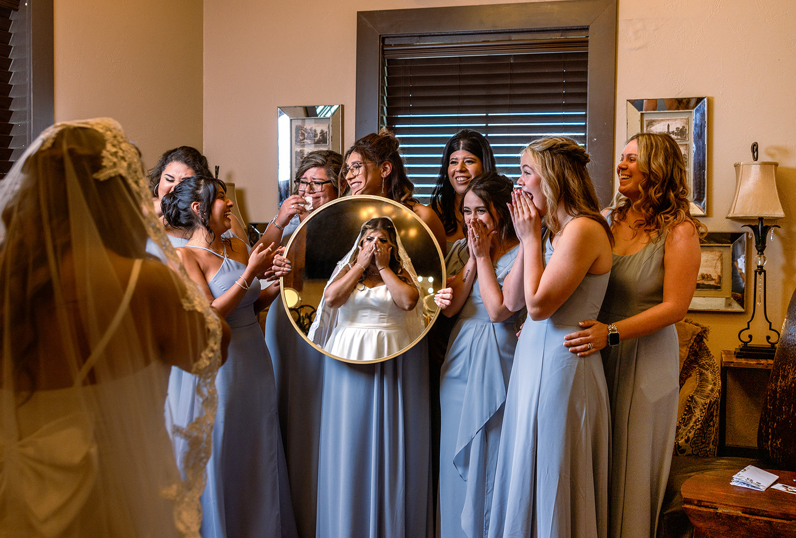 Clarissa and Cyler mid-laugh at their Fredericksburg wedding by GR Weddings